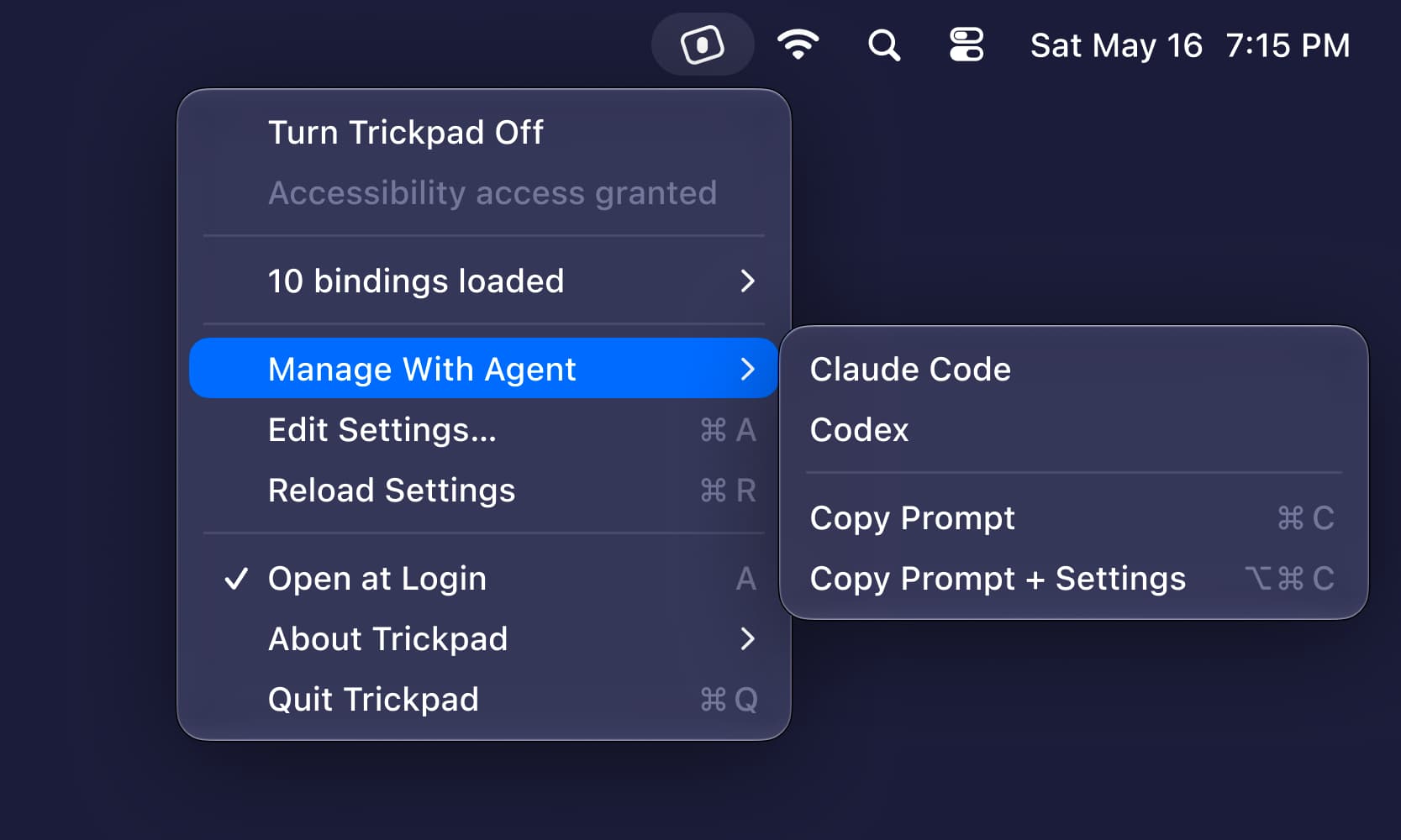 Trickpad menu bar utility with its Manage With Agent submenu open