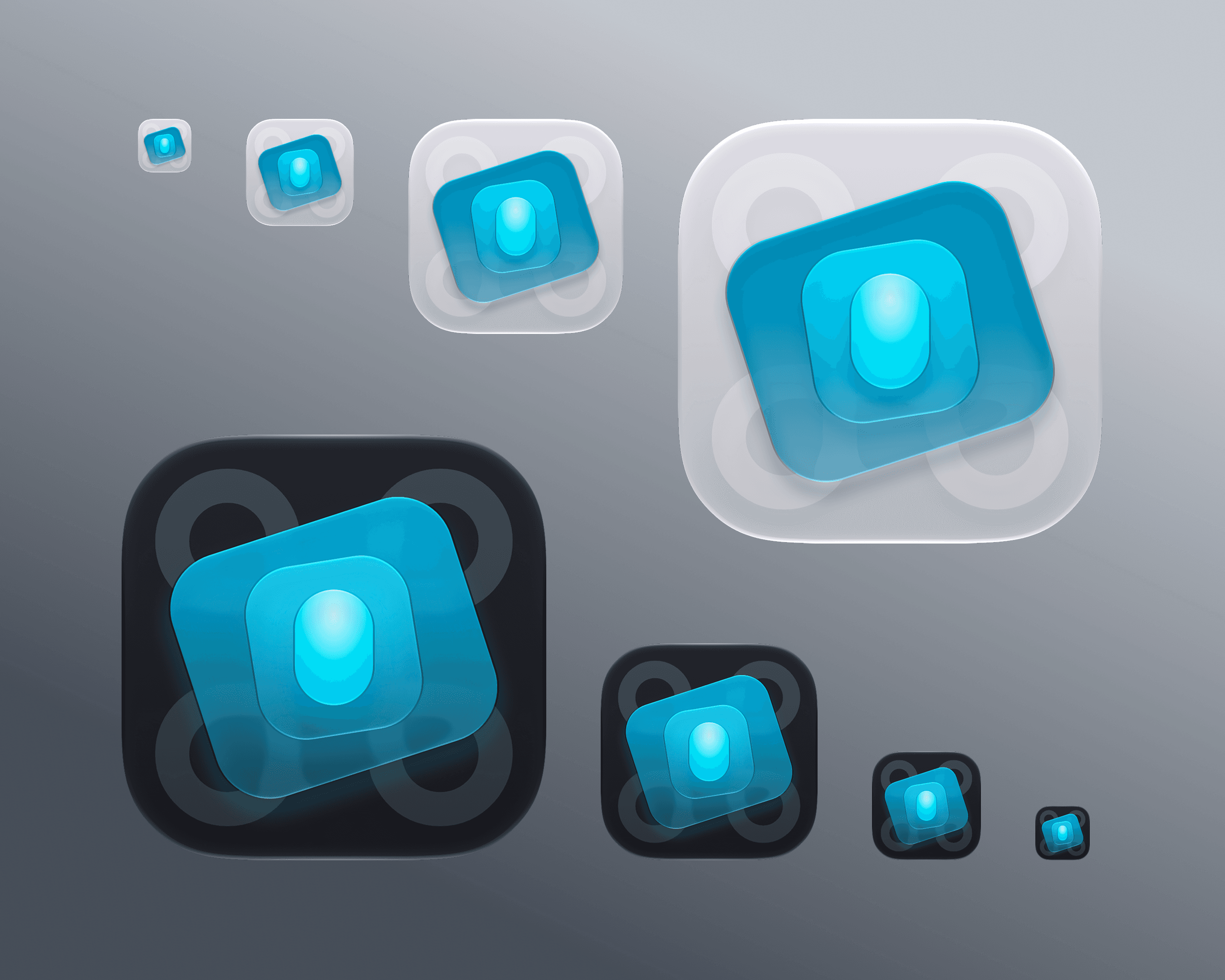 Trickpad app icon in light and dark appearances at several sizes